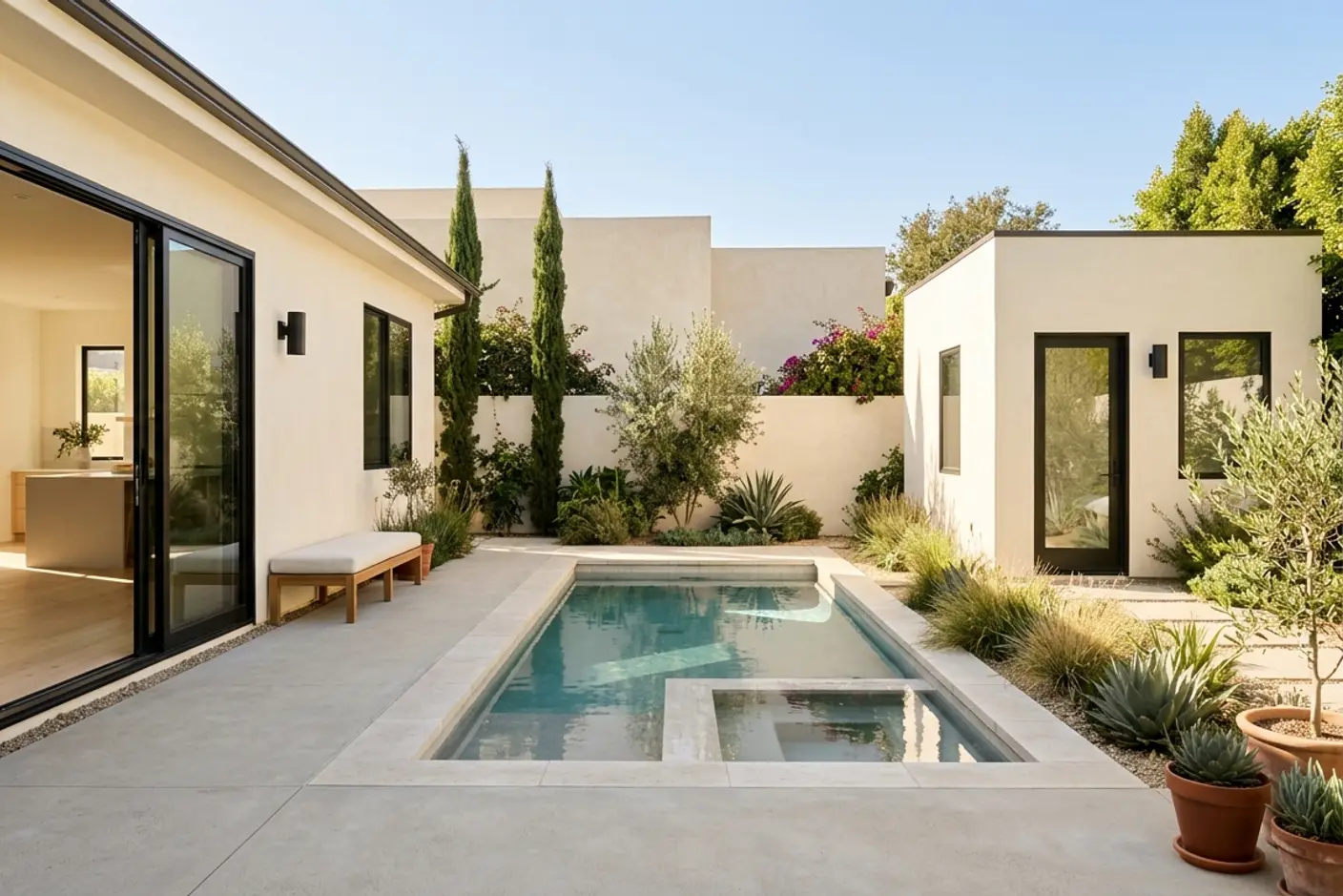 A small plunge pool and detached guest unit in a patio courtyard