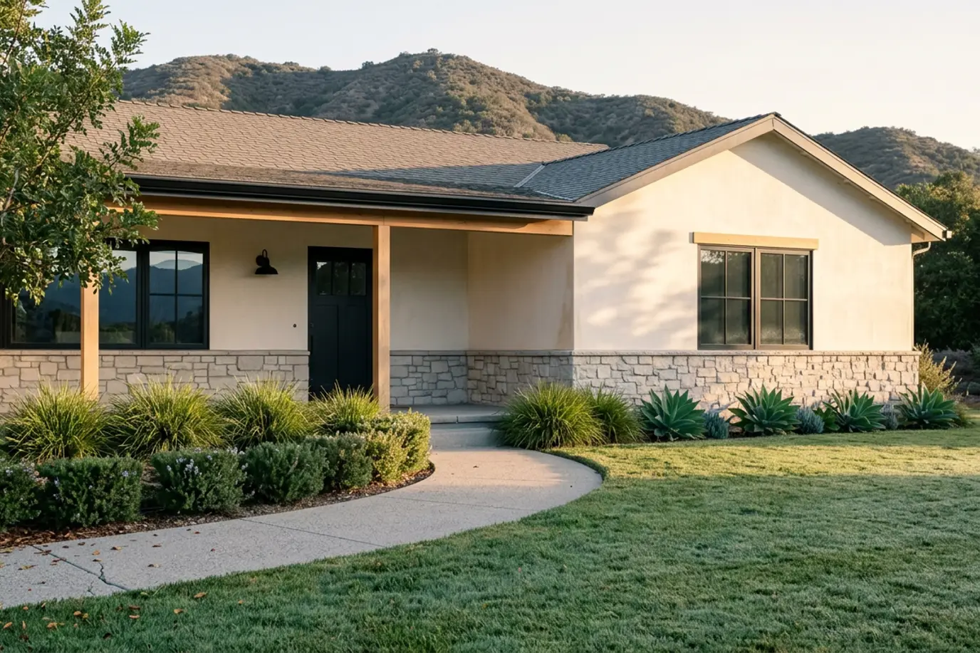A ranch-style home with chaparral hills behind it (illustrative foothill-style image, not this community)
