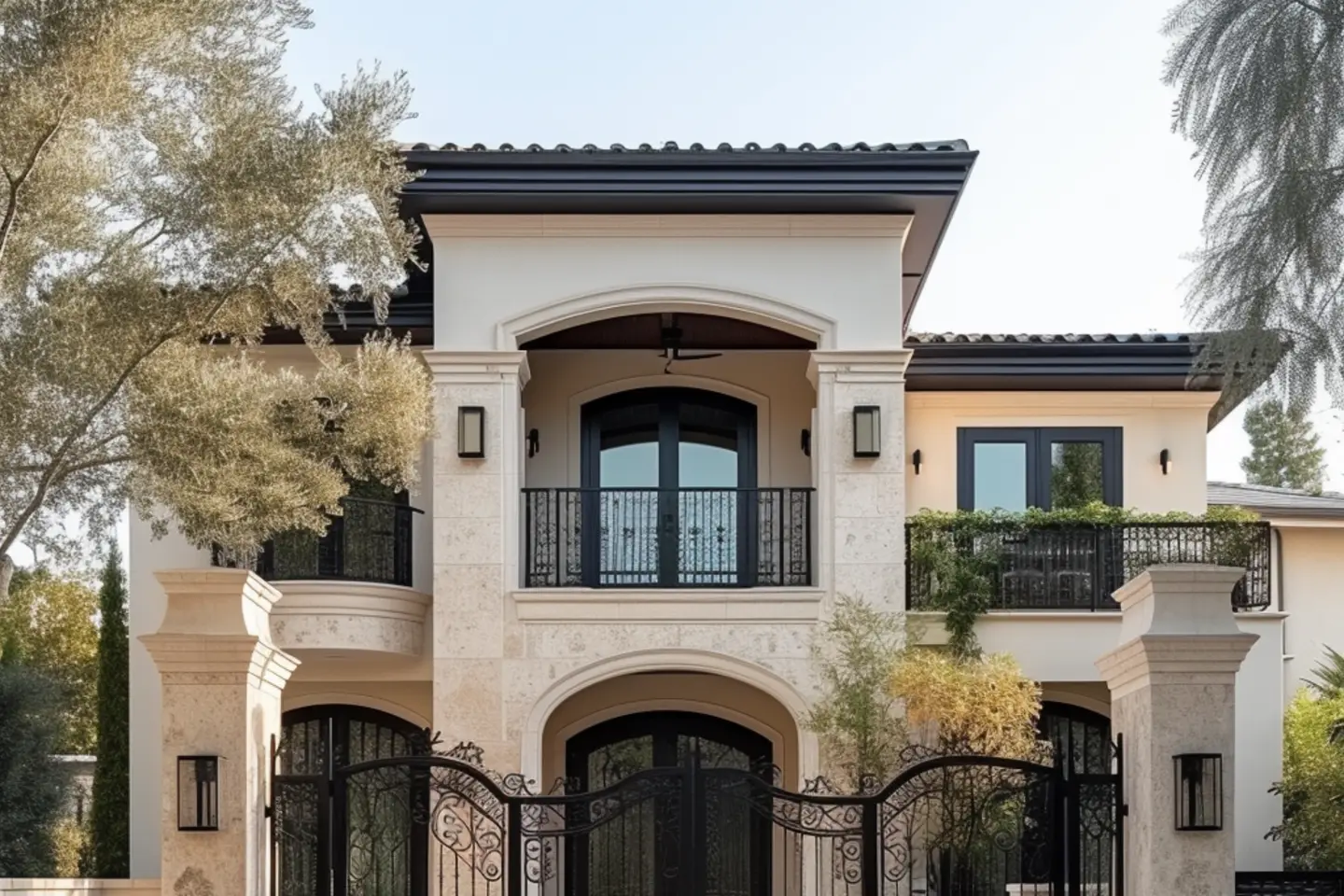 A stone home with arched balconies behind an iron gate