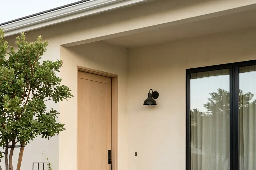 A stucco home entry with a front door and porch threshold
